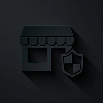 Paper cut Shopping building with shield icon isolated on black background Ilustración de archivo