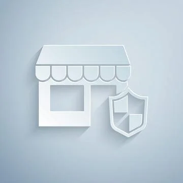 Paper cut Shopping building with shield icon isolated on grey background Ilustración de archivo