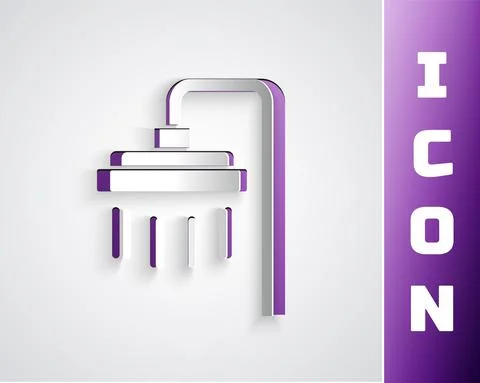 Paper cut Shower head with water drops flowing icon isolated on grey background Ilustración de archivo