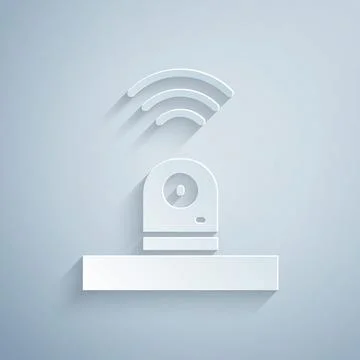 Paper cut Smart security camera icon isolated on grey background. Internet of Illustrazione stock