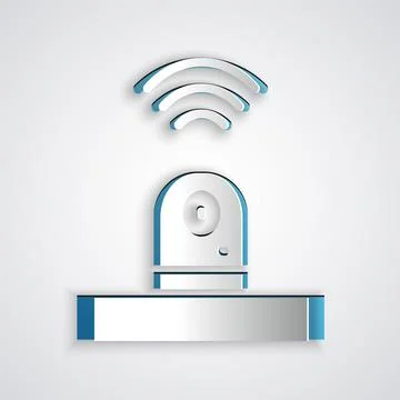 Paper cut Smart security camera icon isolated on grey background. Internet of Illustrazione stock