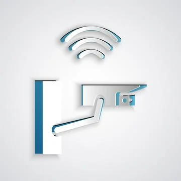 Paper cut Smart security camera icon isolated on grey background. Internet .. Illustrazione stock