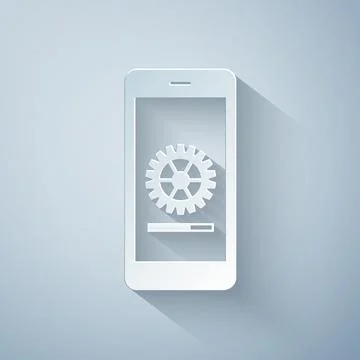 Paper cut Smartphone update process with gearbox progress and loading bar icon Illustrazione stock