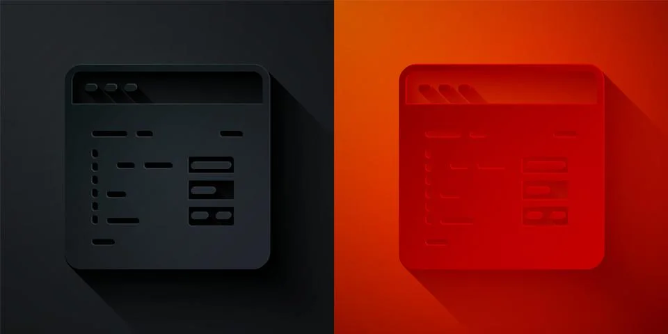 Paper cut Software, web developer programming code icon isolated on black and Stock Illustration