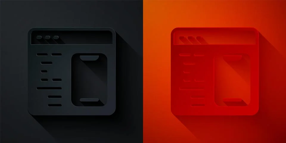 Paper cut Software, web developer programming code icon isolated on black and Stock Illustration