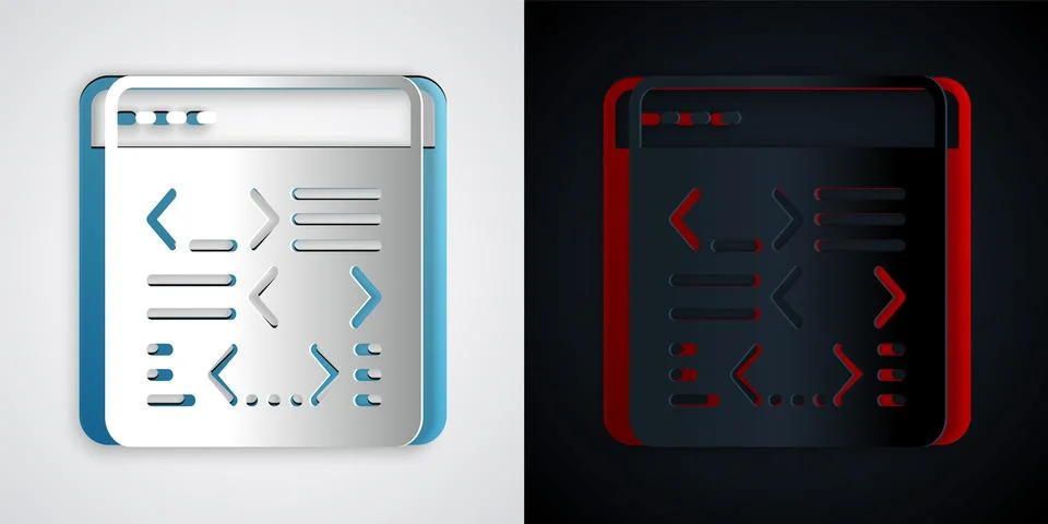 Paper cut Software, web developer programming code icon isolated on grey and  Stock Illustration