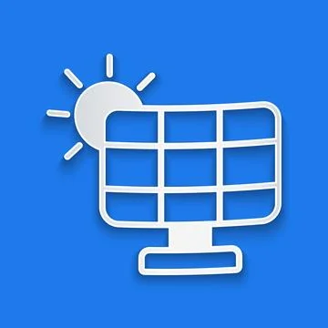 Paper cut Solar energy panel icon isolated on blue background. Paper art st.. Stock Illustration