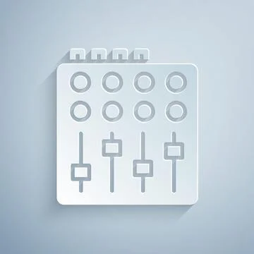 Paper cut Sound mixer controller icon isolated on grey background. Dj equipment Stock Illustration