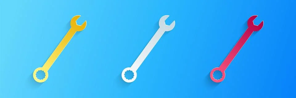 Paper cut Spanner icon isolated on blue background. Paper art style. Vector Illustrazione stock