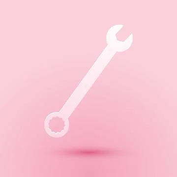 Paper cut Spanner icon isolated on pink background. Paper art style. Vector Stock Illustration