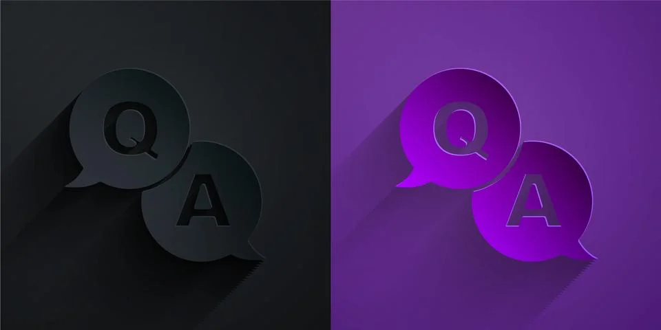 Paper cut Speech bubbles with Question and Answer icon isolated on black on Stock Illustration