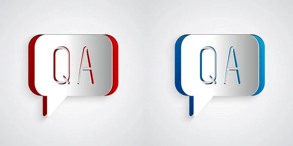 Paper cut Speech bubbles with Question and Answer icon isolated on grey Stock Illustration