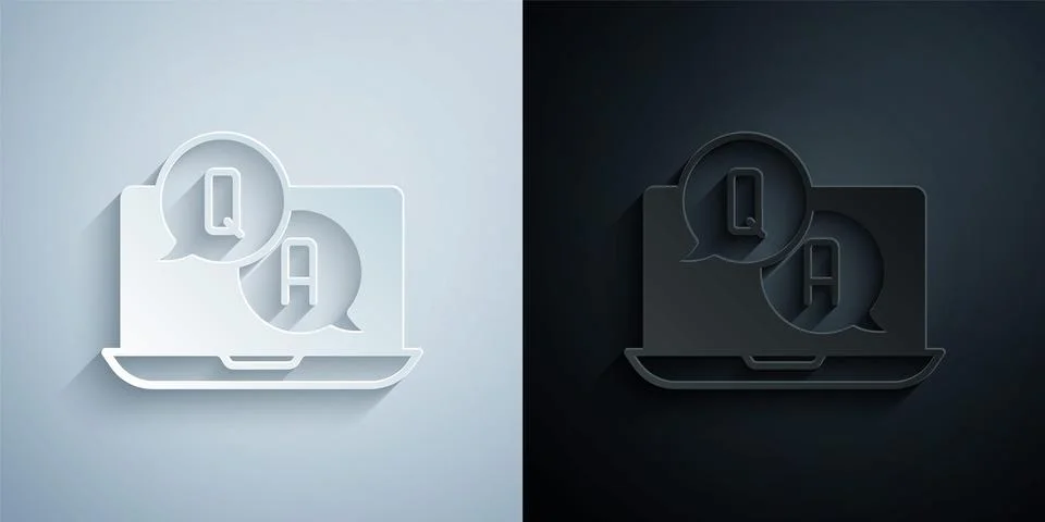 Paper cut Speech bubbles with Question and Answer icon isolated on grey and Illustrazione stock