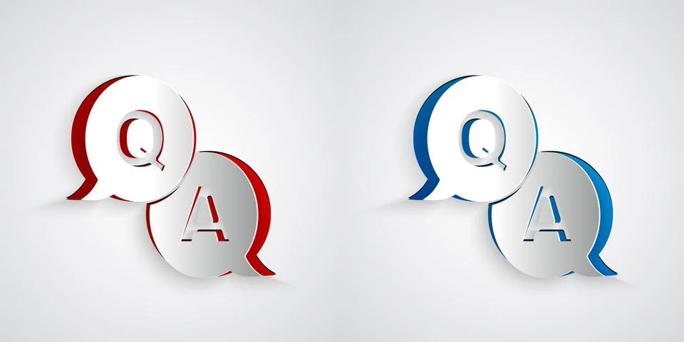 Paper cut Speech bubbles with Question and Answer icon isolated on grey backg Stock Illustration