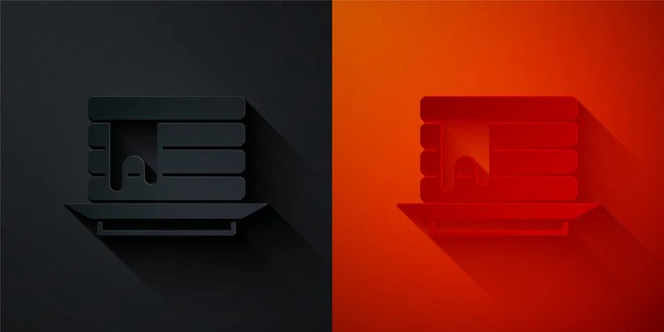 Paper cut Stack of pancakes with honey icon isolated on black and red background Stock Illustration