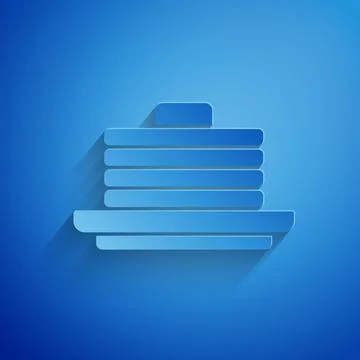 Paper cut Stack of pancakes icon isolated on blue background. Baking with syrup Illustrazione stock