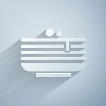 Paper cut Stack of pancakes icon isolated on grey background. Baking with syrup Illustrazione stock
