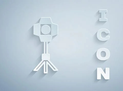 Paper cut Studio light bulb in softbox icon isolated on grey background. Shadow Illustrazione stock
