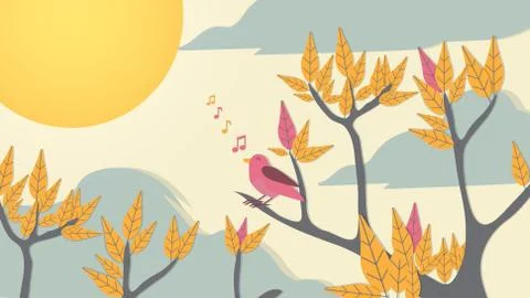 Paper-cut Style Bird on Tree Branch - Vector Illustration. Stock Illustration