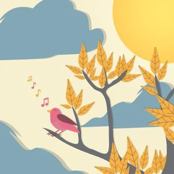 Paper-cut Style Bird on Tree Branch - Vector Illustration. Stock Illustration