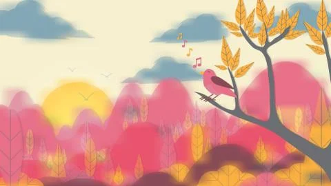 Paper-cut Style Bird on Tree Branch with Blurred Landscape Background - Vec.. Stock Illustration