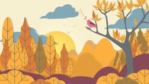 Paper-cut Style Bird on Tree Branch with Forest Background - Vector Illustr.. Stock Illustration