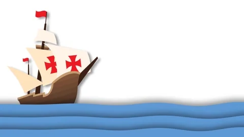 Paper Cut Style Columbus Day Sailing Ship Animation On White Background. Stock Footage 344726982