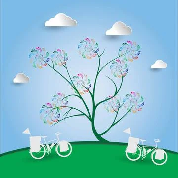 Paper cut style, imaginary tree and bicycle Stock Illustration