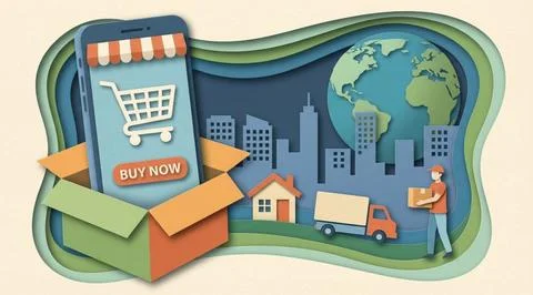 Paper cut style mobile commerce shopping, global online delivery services イラスト素材