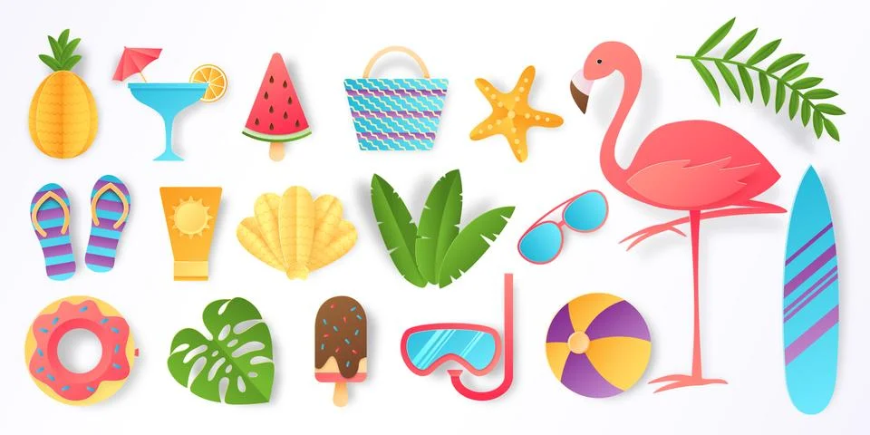 Paper cut summer elements. Trendy tropical leaves pink flamingo and beach Stock Illustration