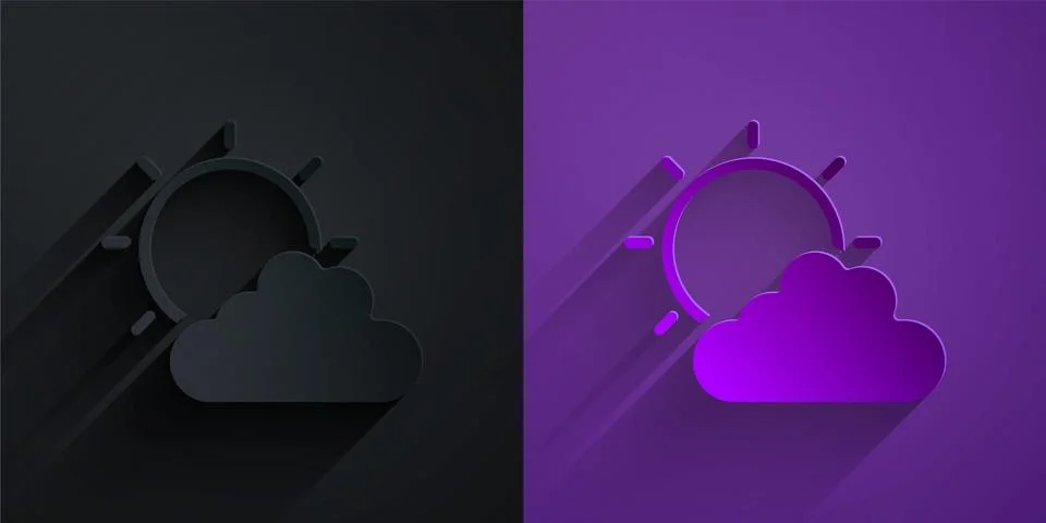 Paper cut Sun and cloud weather icon isolated on black on purple background.. Stock Illustration
