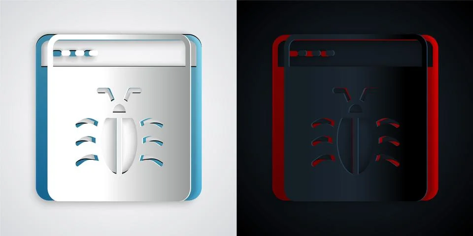 Paper cut System bug concept icon isolated on grey and black background. Code Stock Illustration