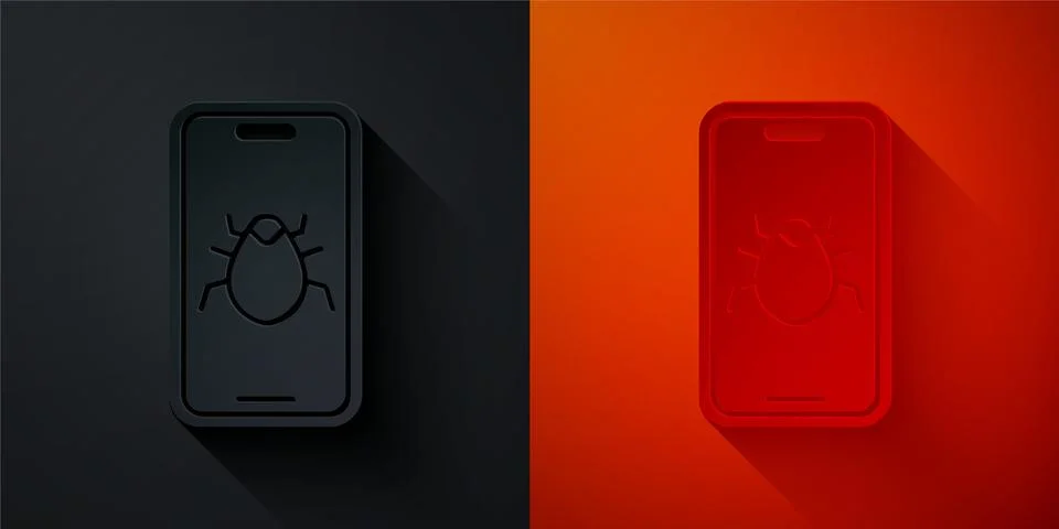Paper cut System bug on mobile icon isolated on black and red background. Code Stock Illustration