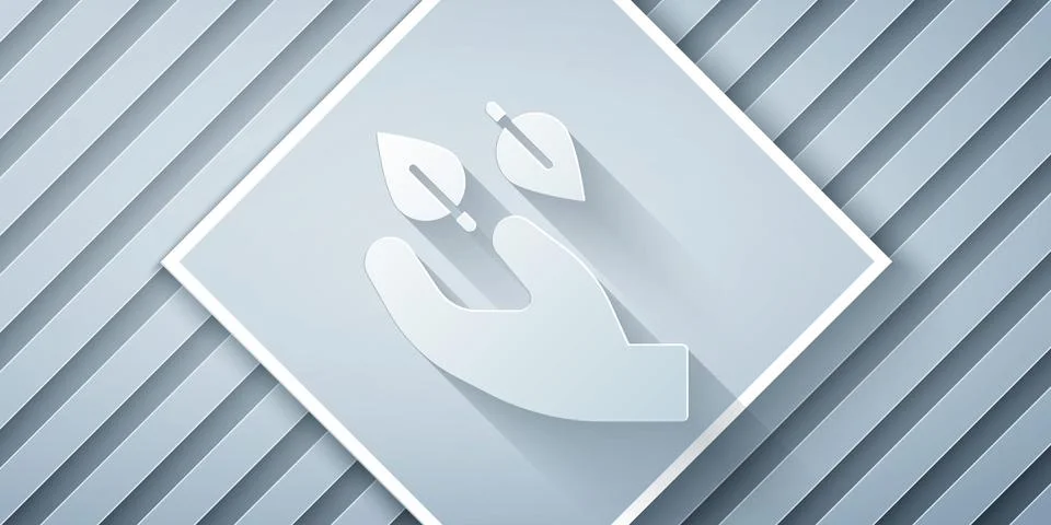 Paper cut Tea leaf in hand icon isolated on grey background. Tea leaves. Pa.. Stock Illustration