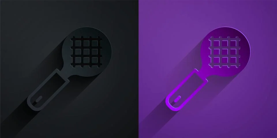 Paper cut Tea strainer with handle icon isolated on black on purple background Illustration