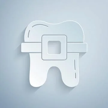 Paper cut Teeth with braces icon isolated on grey background. Alignment of bite Stock Illustration