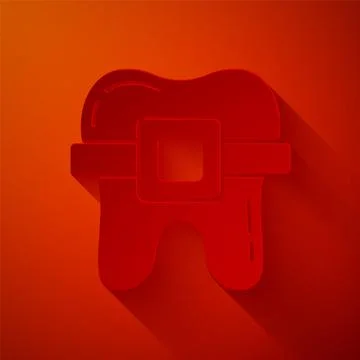 Paper cut Teeth with braces icon isolated on red background. Alignment of bite Stock Illustration