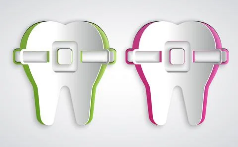 Paper cut Teeth with braces icon isolated on grey background. Alignment of .. Stock Illustration