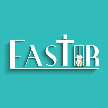 Paper Cut Text of Easter with Cartoon Bunny on Pastel Blue Background. Stock Illustration