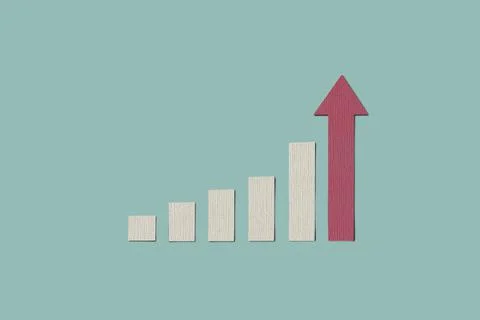 Paper cut texture style growing bars graphic with rising arrow. Progress way  Stockillustratie