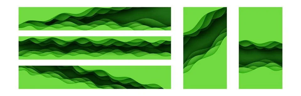 Paper cut top border set featuring 3D slime abstract bg with layered green waves 스톡 일러스트