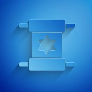 Paper cut Torah scroll icon isolated on blue background. Jewish Torah in Illustrazione stock