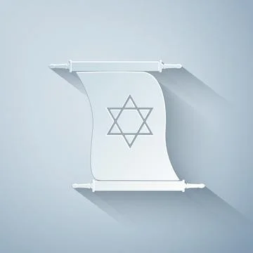 Paper cut Torah scroll icon isolated on grey background. Jewish Torah in 스톡 일러스트