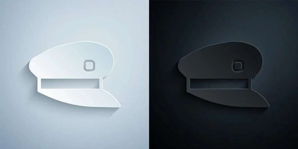 Paper cut Train driver hat icon isolated on grey and black background. Paper art Stock Illustration