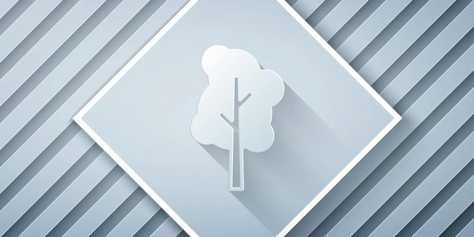 Paper cut Tree icon isolated on grey background. Forest symbol. Paper art s.. Stock Illustration