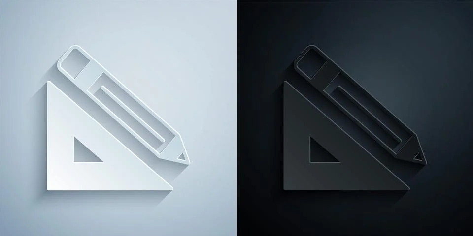 Paper cut Triangular ruler and pencil icon isolated on grey and black background Stock Illustration