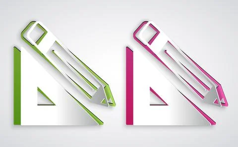 Paper cut Triangular ruler and pencil icon isolated on grey background Stock Illustration