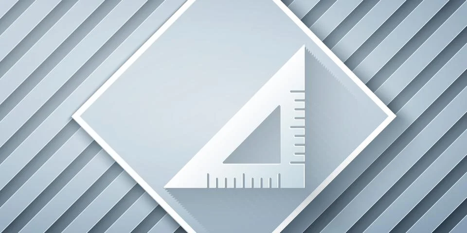 Paper cut Triangular ruler icon isolated on grey background. Straightedge symbol Illustrazione stock