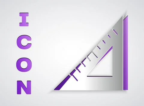 Paper cut Triangular ruler icon isolated on grey background. Straightedge symbol Illustrazione stock