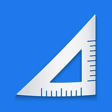 Paper cut Triangular ruler icon isolated on blue background. Straightedge symbol Ilustración de archivo